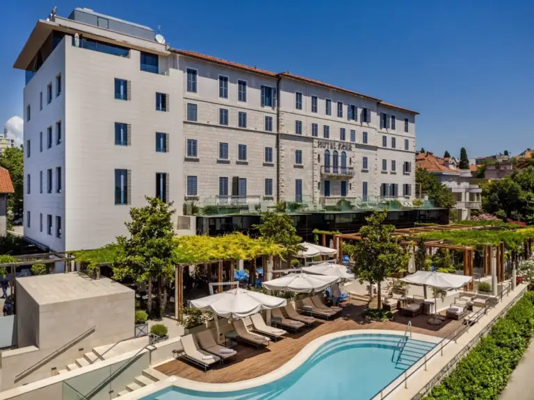 Destination wedding couple at Hotel Park Split, a luxury seaside hotel in Croatia.