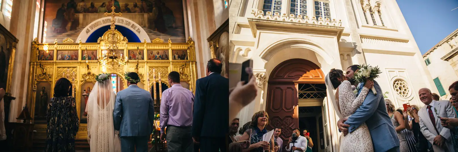 Gallery of Couple exchanging rings at an Orthodox wedding ceremony in Croatia surrounded by candles and icons and front of the orthodox church